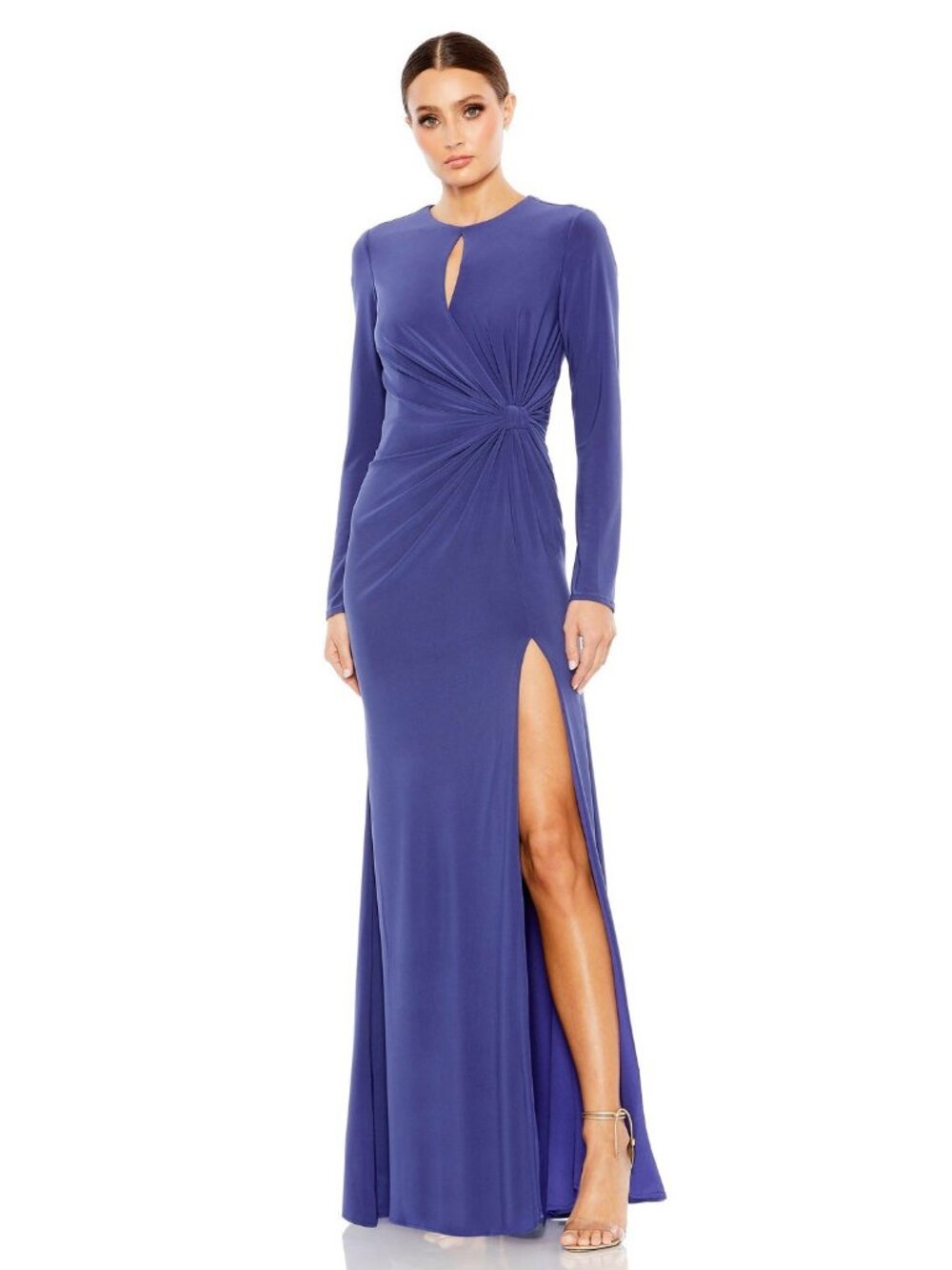 Mac Duggal Size 6 Blue 55708 Long Sleeve Keyhole Draped Maxi Jersey Gown Dress